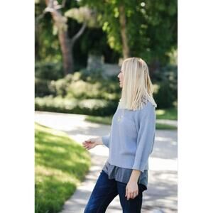 CAbi Fair Play Reversible Design Blue Rib-Knit Sweater Top Women's S 3/4 Sleeves